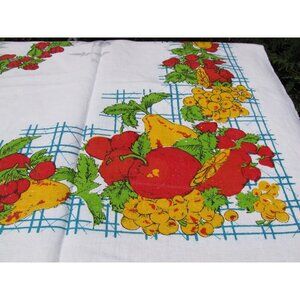 Vintage Linen Tablecloth Fruit Harvest Strawberries  Grapes Mid Century 52x56"